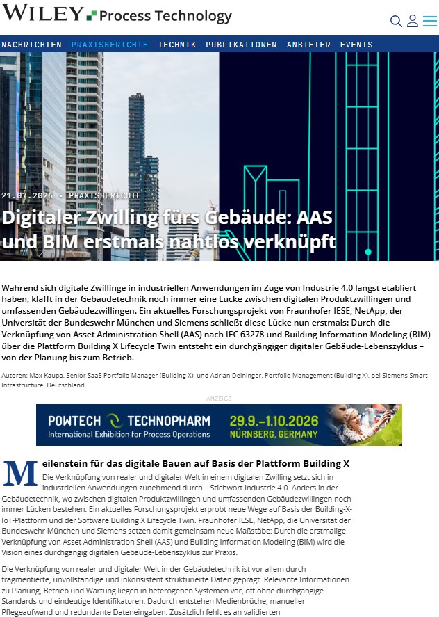 Screenshot des Praxisberichts „Digitaler Zwilling fürs Gebäude: AAS und BIM erstmals nahtlos verknüpft“ auf Wiley Process Technology