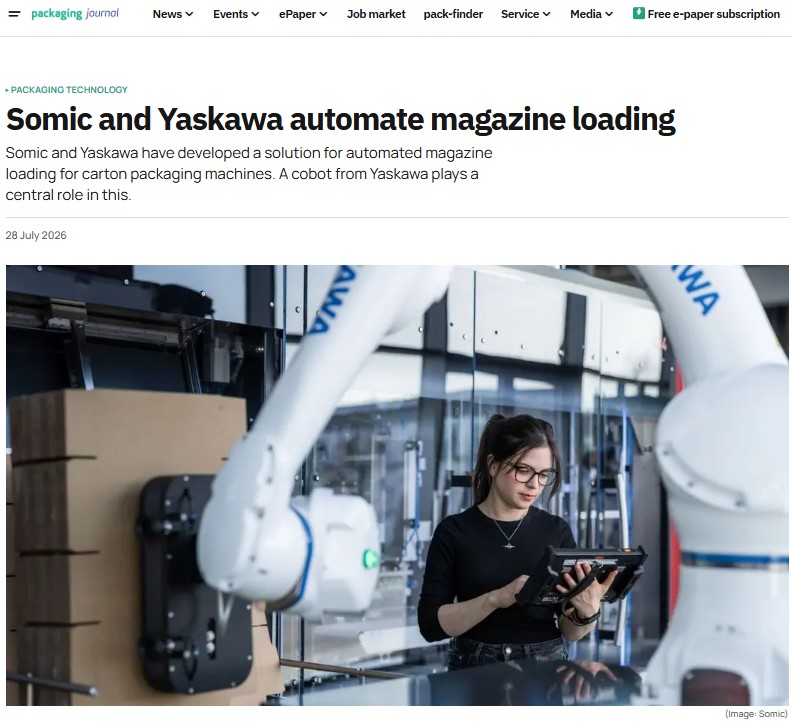 Beitrag im packaging journal über die automatisierte Magazinbeladung von Somic und Yaskawa mit einem Cobot