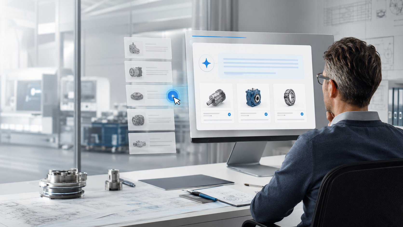Ingenieur recherchiert mithilfe einer KI nach technischen Produkten und B2B-Lösungen