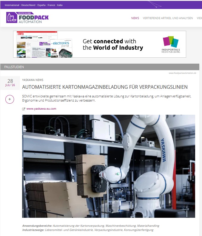 Presseschau: Yaskawa-Roboter automatisiert die Kartonmagazinbeladung einer Verpackungslinie von SOMIC