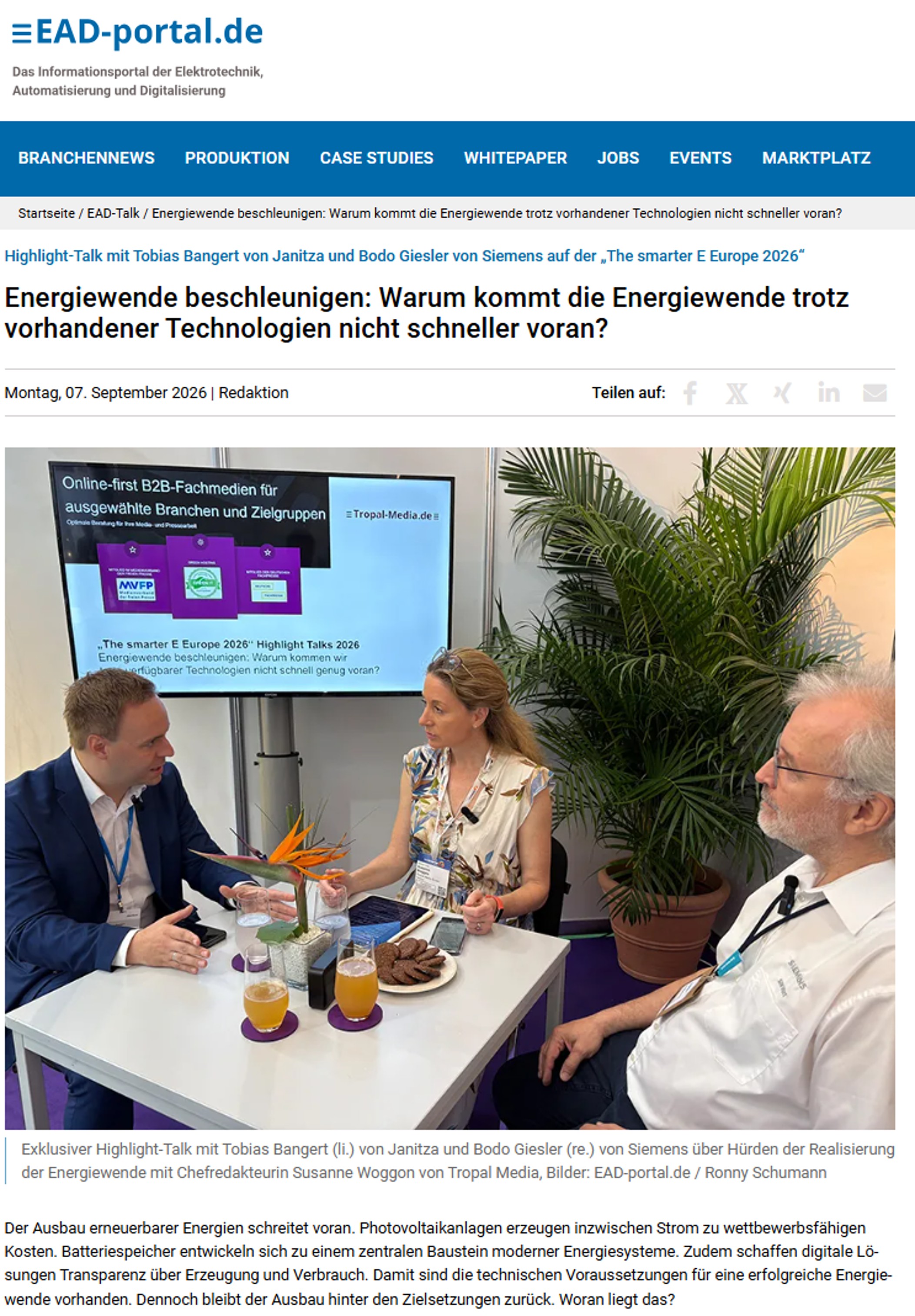 EAD-portal.de berichtet über den Highlight-Talk zur Energiewende mit Tobias Bangert von Janitza und Bodo Giesler von Siemens auf der The smarter E Europe 2026.