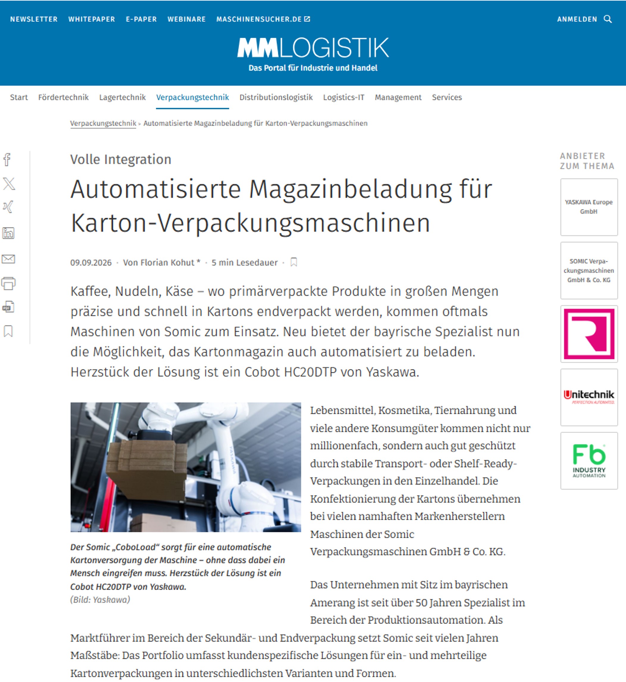 MM Logistik berichtet über die automatisierte Magazinbeladung für Karton-Verpackungsmaschinen von Somic mit einem Cobot von Yaskawa.
