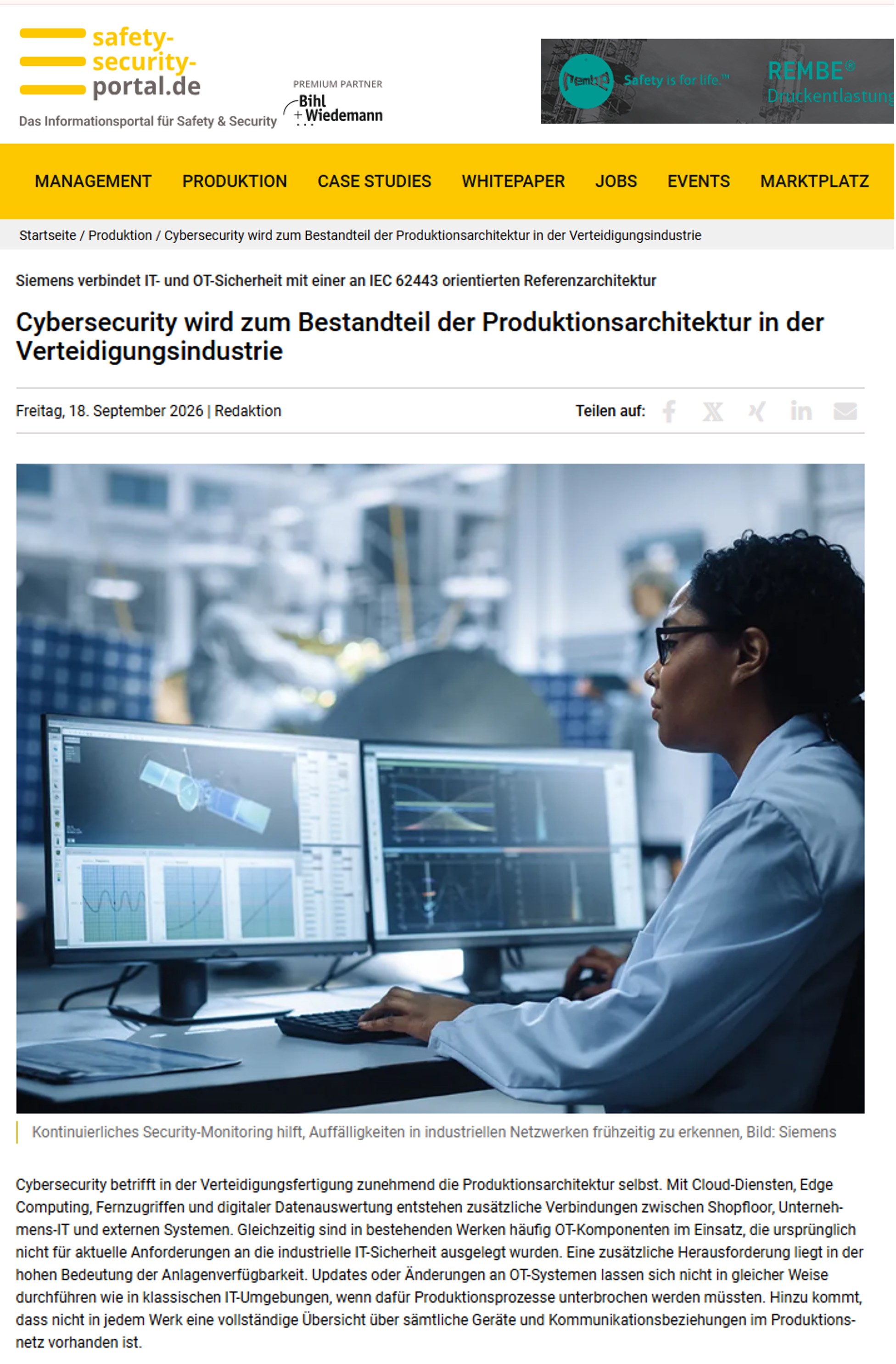 Presseschau: Siemens zur Cybersecurity in der Verteidigungsindustrie auf safety-security-portal.de
