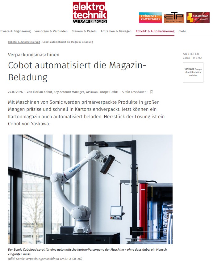 Veröffentlichung in elektrotechnik AUTOMATISIERUNG: „Cobot automatisiert die Magazin-Beladung“